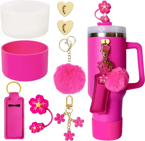 Vista 10 de Accesorios para vaso Stanley 40oz, 2 fundas de silicona para vaso Stanley, 1 tapa de pajita con flores, 2 ganchos con dijes, 1 bolsa porta labios, 1