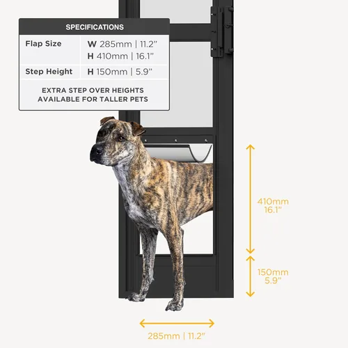Vista 2 de Hakuna Pets Puerta para Mascotas de Vidrio Negro para Patio para Puertas Corredizas, Grande Altura Ajustable 77.2" – 83.5", Instalación Sin Daños