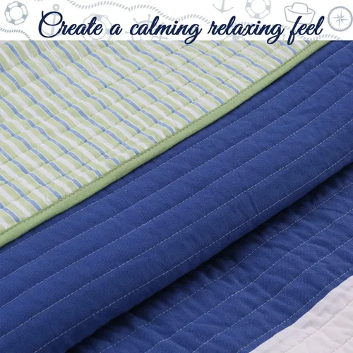 Vista 6 de Cozy Line Home Fashions Waylon - Juego de edredón reversible a rayas 100% algodón, color azul marino, verde y blanco, colcha