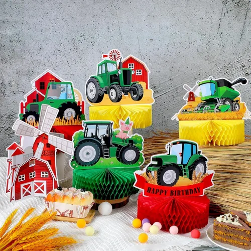Vista 4 de 9 piezas de centro de mesa de nido de abeja de tractor, decoración de fiesta de cumpleaños con temática de tractor verde de granja, decoración