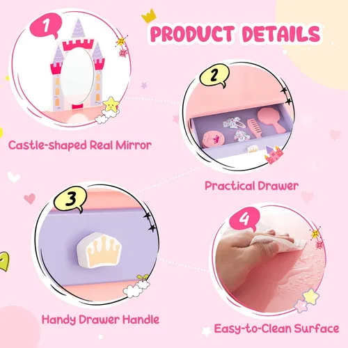 Vista 4 de Costzon Juego de tocador para niños, juego de tocador para niñas con espejo y taburete, tocador de maquillaje de princesa con cajón, tabla