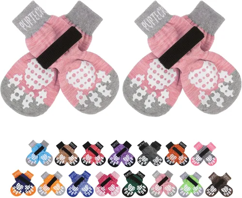 Vista 12 de PUPTECK Calcetines antideslizantes de doble cara para perro con correas ajustables para uso en interiores, 2 pares de calcetines de control