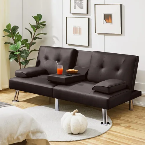 Vista 63 de Yaheetech Sofá biplaza cama, convertible, tela, ajustable, moderno, reclinable, reversible, plegable, reposabrazos extraíbles, portavasos, 3