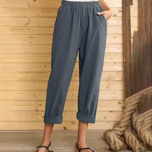 Vista 4 de Sharemen Womens Summer Pants Cotton Linen Beach Comfy Trousers Capris with Pockets Print Casual High Waist Elastic Long Pants