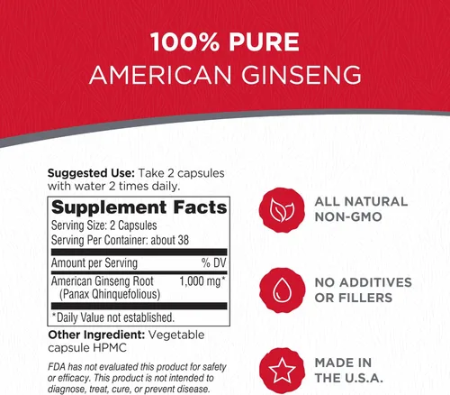 Vista 2 de Dairyland - Cápsulas de ginseng americano, 75 unidades (2000 mg) – Extracto concentrado de raíz de ginseng de Wisconsin – Suplemento herbario diario