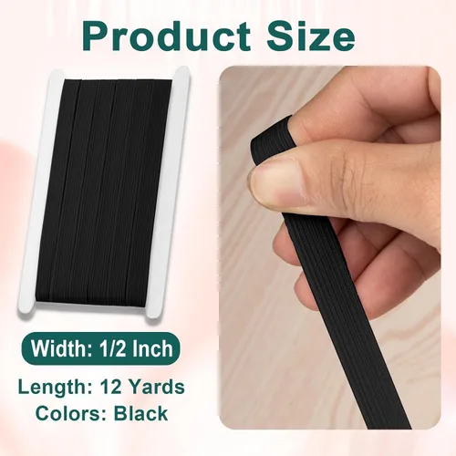 Vista 2 de Airisoer Banda elástica de 1/2 pulgada para costura, bandas elásticas de alta elasticidad de 12 yardas para cinturas, pantalones, ropa y Negro