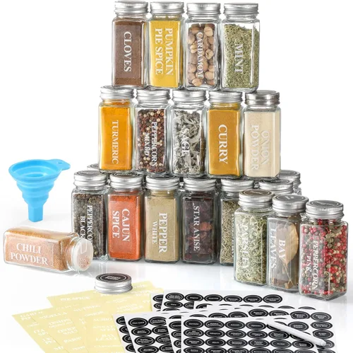 AOZITA 24 frascos de vidrio para especias con etiquetas - botellas cuadradas vacías para especias de 4 onzas, recipientes, recipiente para