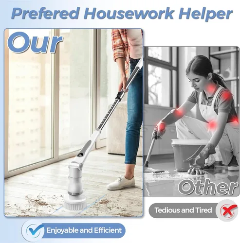 Vista 2 de Joyzan Limpiador eléctrico giratorio, cepillo de ducha de limpieza inalámbrico, 8 cabezales limpiadores, pantalla LCD, mango de extensión ajustable