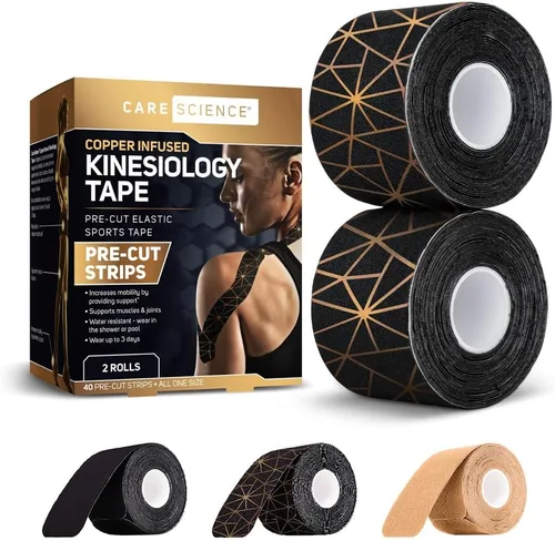 Vista 10 de Cinta de kinesiología impermeable de Care Science, 40 tiras precortadas (2 rollos), negra Cinta elástica para deportes y levantamiento de pesas