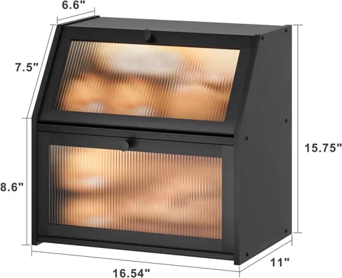 Vista 7 de Caja de pan extra grande negra para mostrador de cocina, caja de pan de bambú de doble capa grande, capacidad de almacenamiento de pan de madera