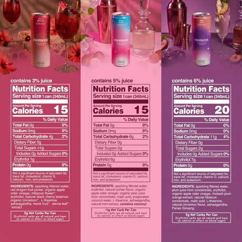 Vista 2 de Moment Mocktails - Bebidas sin alcohol (Shark Tank) – Calma, claridad y relajación con L-teanina y ashwagandha – Bebida adaptógena espumosa – 0