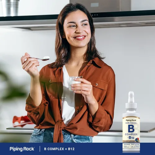 Vista 6 de Piping Rock Complejo de vitamina B con B12 Gotas líquidas 1200 mcg 2oz Suplemento sublingual Sabor a bayas Vegetariano, sin OMG, sin gluten