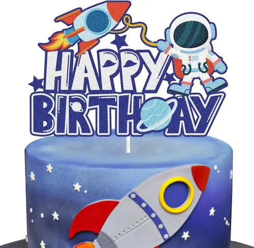 Decoración de pastel de feliz cumpleaños, astronauta, cohete, espacio exterior, decoración de torta del sistema solar, planeta galaxia, suministros