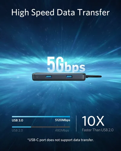 Vista 6 de Anker Hub USB C, adaptador USB C 7 en 1, con HDMI 4K, entrega de energía de 60 W, Ethernet de 1 Gbps, 2 puertos USB 3.0, lectores de tarjetas SD