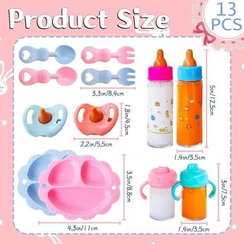 Vista 2 de Juego de 13 Piezas de Accesorios para Muñecas de Bebé con Biberones Mágicos, Juego de Juguetes de Alimentación de Simulación con Empaque, Juego