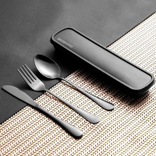 Vista 2 de Juego de utensilios portátiles con estuche, 4 cubiertos reutilizables de acero inoxidable para el almuerzo, camping, escuela, picnic, lugar