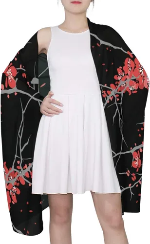 Vista 5 de Alaza - Bufanda larga de seda para mujer con diseño de flor de cerezo, color rojo