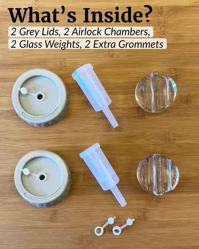 Vista 6 de Elementi Kit de pesas de fermentación – Juego de 2 pesos de fermentación de vidrio y tapas de fermentación de tarros Mason para tarros Mason de boca