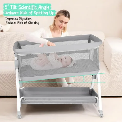 Vista 7 de Cowiewie Moisés de noche, moisés de bebé con colchón lavable de fibra de aire y 7 alturas ajustables, moisés plegables para bebé con malla