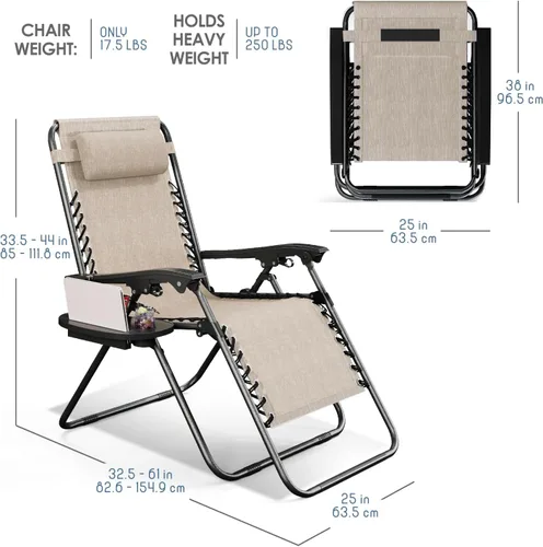 Vista 3 de Nestl Zero Gravity - Juego de 2 sillas de patio al aire libre con almohadas y bandejas portavasos, silla de campamento reclinable de malla de acero
