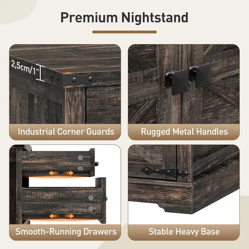 Vista 8 de RALGEND Farmhouse End Table with Charging Station, 24'' Sofa Side Table with 2 Drawers and Barn Door, Large Rustic Wooden Square Nightstand for