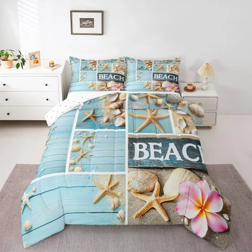 Vista 21 de Erosebridal Juego de edredón con temática de playa, tamaño matrimonial, juego de ropa de cama con estampado de estrellas de mar y conchas marinas
