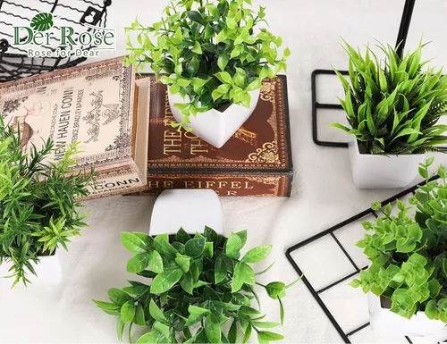 Vista 3 de Der Rose Paquete de 6 plantas artificiales pequeñas en macetas para el hogar, dormitorio, sala de estar, decoración interior (verde)