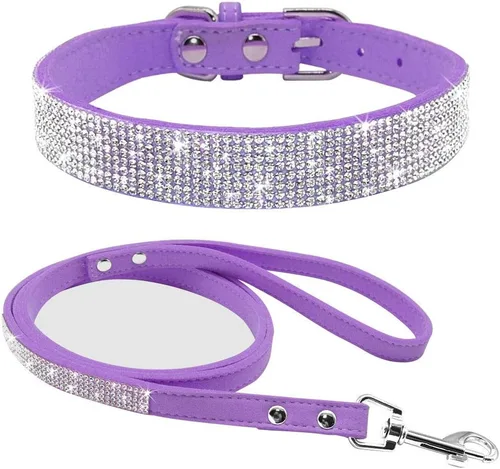 Vista 10 de Conjunto de collar y correa para perro y gato, material de piel de ante suave, deslumbrante y elegante con diamantes de imitación de cristal, collar