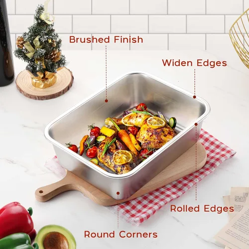 Vista 5 de Onader - Bandeja para lasaña profunda, rectangular de acero inoxidable de 10 x 8¼ pulgadas, bandeja para hornear de metal, apta para horno