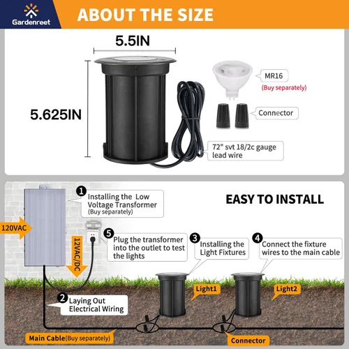 Vista 7 de Gardenreet Lámpara de pozo de latón - Iluminación LED de 12V Ip65 para paisajes al aire libre, lámpara de repuesto impermeable de bajo voltaje