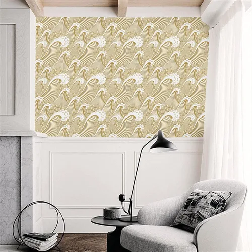 Vista 3 de Blooming Wall PS030 - Papel tapiz autoadhesivo con diseño de ondas blancas y amarillas sin costuras, pintura a mano amarillo&blanco