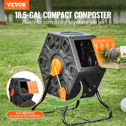 Vista 2 de VEVOR Cubo de compostaje, compostador giratorio pequeño de 18.5 galones, cámara única compacta giratoria con puerta corrediza y marco de acero