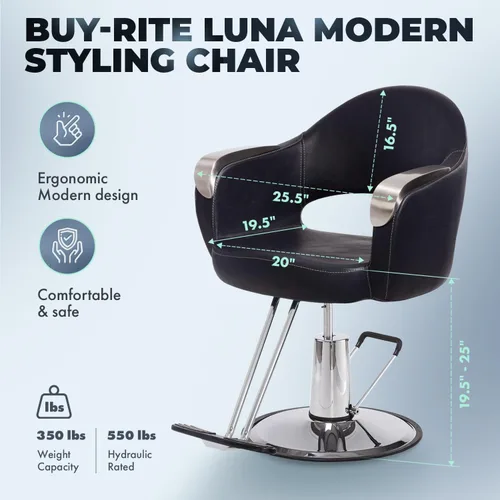 Vista 2 de Buy-Rite Luna Silver - Silla de salón de belleza, diseño de puntada moderna, reposabrazos cromados, cojines sin costuras, base inoxidable, rango