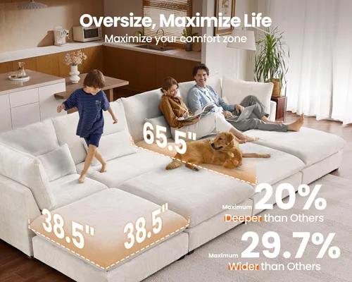 Vista 4 de Sofá Modular de Tamaño Grande, Sofá Seccional de Chenilla Cloud Extra Profundo con Chaise Otomana, Sofá Cama de Chenilla Esponjosa de 5 Asientos