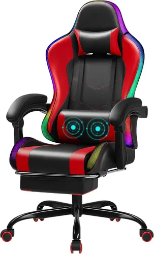Vista 10 de Silla de juegos con RGB, sillas de juegos de computadora con luces LED y reposapiés para el hogar, oficina, color negro