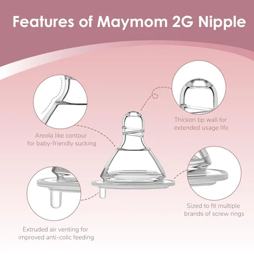 Vista 6 de Maymom Biberón de boca ancha para recolección, almacenamiento y alimentación de leche con pezón, tapa de cúpula rosa, parte superior del biberón