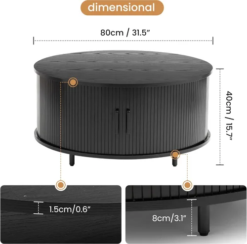 Vista 2 de COSIEST Mesa auxiliar redonda con almacenamiento, mesa de centro negra moderna de 31.5 pulgadas con puerta corredera de 360°, mesa central de madera