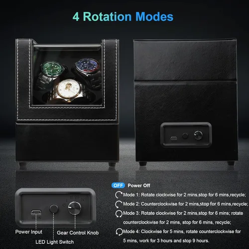 Vista 4 de J&T Technology Enrollador de reloj para relojes automáticos, enrollador automático de reloj con luz LED, caja de reloj giratoria con motor