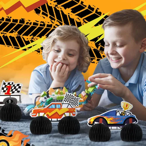 Vista 2 de 9 piezas de decoración de fiesta de cumpleaños de camión monstruo, adornos de auto de panal de abeja, ruedas 3D Blaze de doble cara, centro de mesa