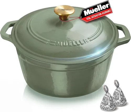 Vista 33 de MUELLER HOME Horno Holandés de Hierro Fundido Esmaltado de 4.5 QT, Cacerola de Servicio Pesado y Sartén Braseadora con Tapa y Perilla de Acero