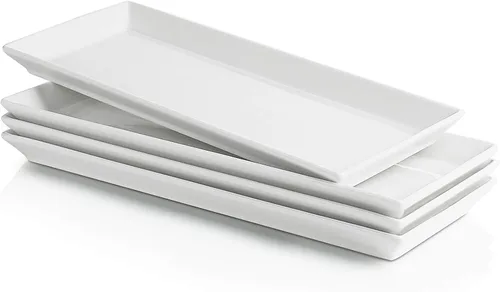 Sweese Bandejas de Porcelana para Servir de 11.7 Pulgadas - Elegantes Platos Rectangulares Blancos, Juego de 4 para Fiestas, Sushi, Aperitivos