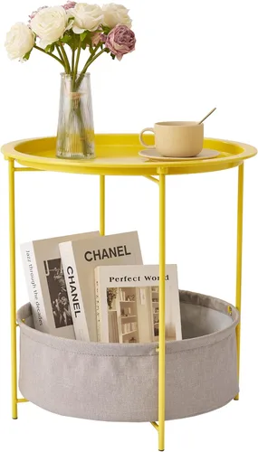 Vista 24 de VECELO - Mesa auxiliar/de rincón, plegable, redonda de metal, antióxido y resistente al agua, para interiores o exteriores, con bandeja, 1 pieza