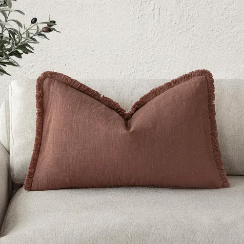 Vista 52 de Foindtower Fundas de almohada decorativas de lino con flecos, acogedora funda de cojín bohemia estilo farmhouse con borlas, funda de almohada