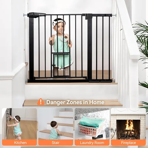 Vista 3 de COMOMY Puerta de bebé con cierre automático con puerta para gatos, puerta extra ancha para perros de 29.5 a 40.5 pulgadas para puertas de casa