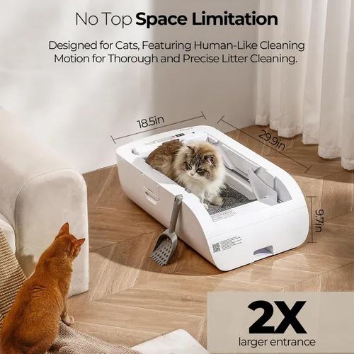 Vista 2 de Caja de arena automática para gatos con tapa abierta, control inteligente de aplicación (2.4G/5G) con seguimiento de salud y respaldo las 24 horas