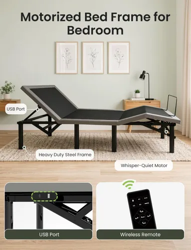 Vista 3 de Mixcous Full Size Adjustable Bed Frame with USB Ports, Electric Bed Base with Wireless Remote, 3-Fold Foldable Design, Quiet Motor, Heavy Duty Metal
