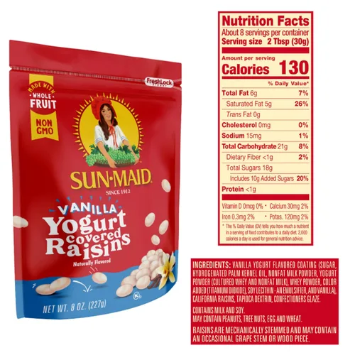 Vista 4 de Sun-Maid - Pasas cubiertas de yogur de vainilla - (Paquete de 12) Bolsa resellable de 8 onzas - Bocadillo de fruta disecada cubierta de yogur