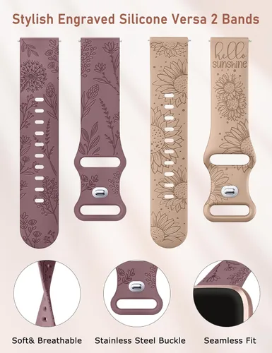 Vista 3 de Minyee Paquete de 2 correas con grabado floral compatibles con Fitbit Versa 2/Fitbit Versa/Versa Lite para mujeres, linda correa deportiva