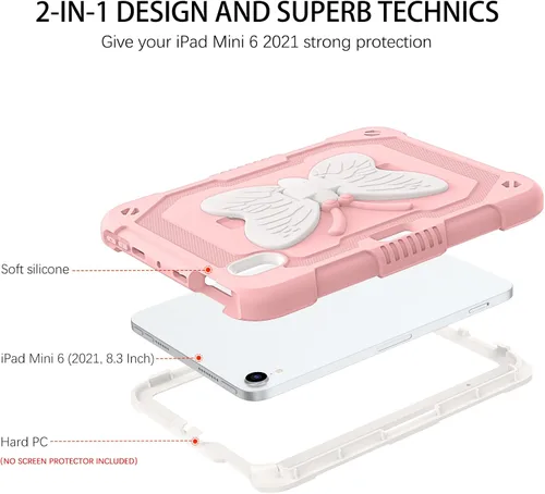 Vista 2 de DUEDUE Funda para iPad mini 7 (A17 Pro) 2024, iPad mini 6 2021, alas de mariposa con soporte para lápiz, funda protectora a prueba de golpes