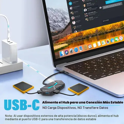 Vista 4 de Hub USB C 3.0 con 7 puertos, adaptador USB C multipuerto para transferencia y carga de datos, divisor de concentrador USB para laptop, escritorio